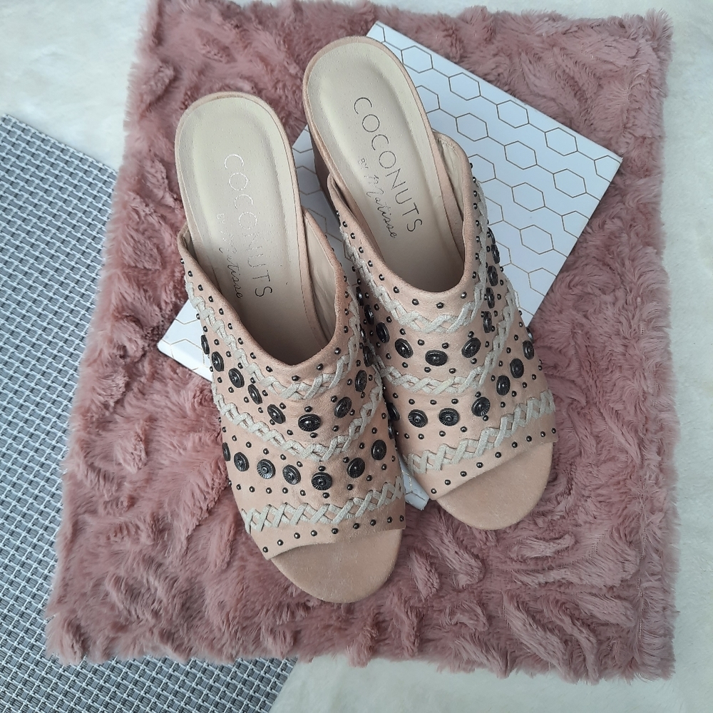 Coconuts Dream Big Studded Embroidered Chunky Mules Heels Spring Summer NEW - Picture 3 of 10